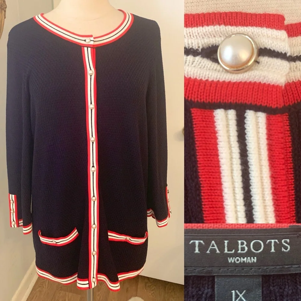 Talbots Navy Blue Cardigan Sweater Textured Preppy Knit career casual 1X 14 16 - Picture 6 of 16